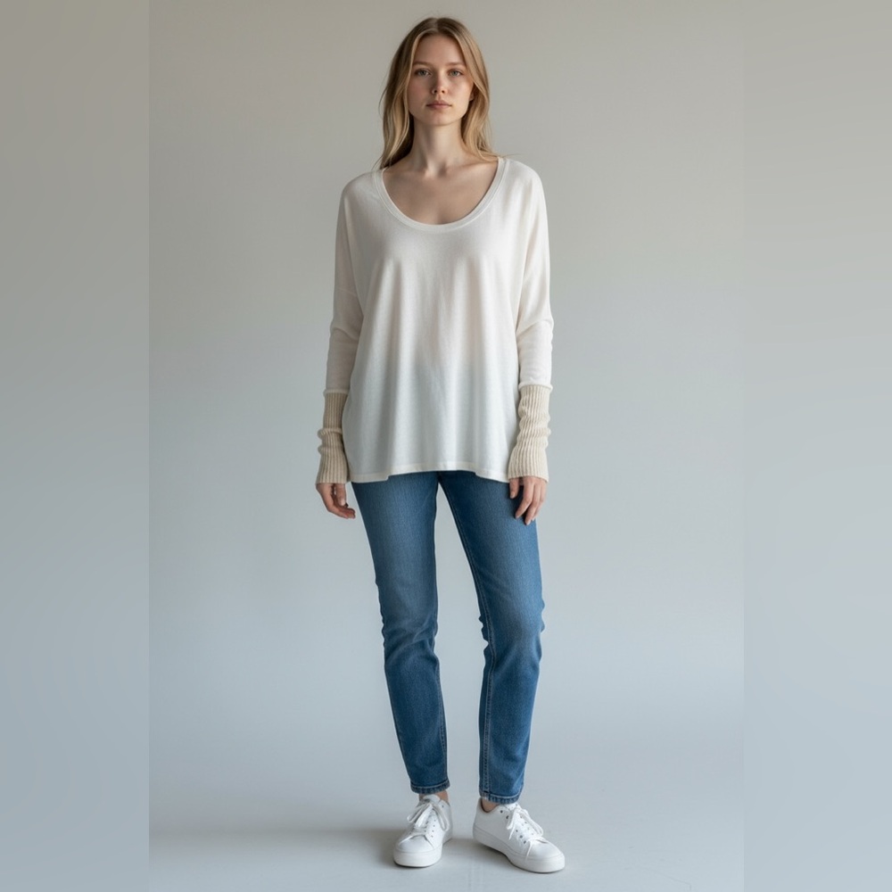 Michael Stars Off-White Long Sleeve Tee Ribbed Thermal Sleeve OS